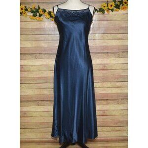 Vintage 90's Y2K Halston Satin Maxi Slip Dress Navy Blue Chamise Sexy Romantic